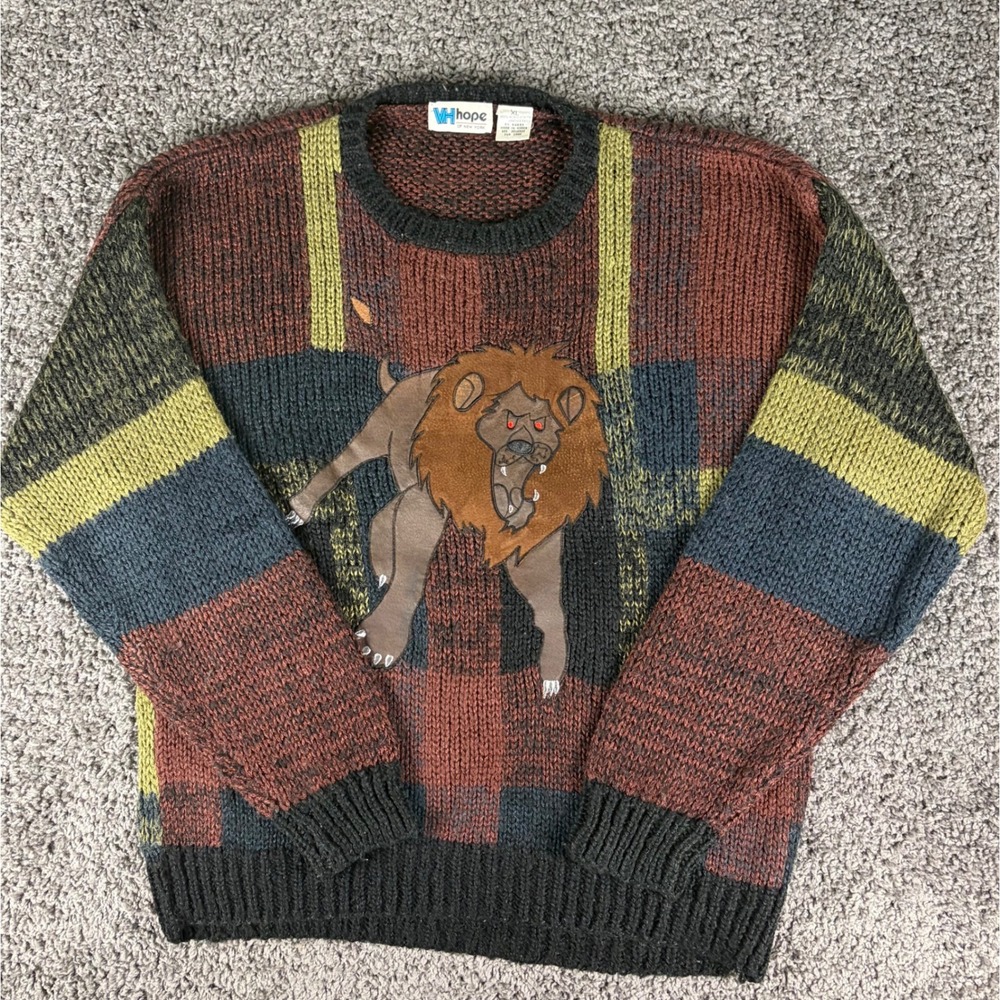 Vintage 80s VH Hope of New York Lion Leather Patch Striped Knit Sweater Mens XL